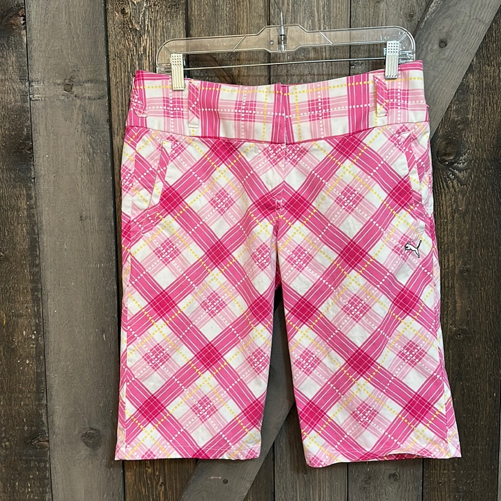 Puma Pink & White Plaid Bermuda Golf Athletic Shorts